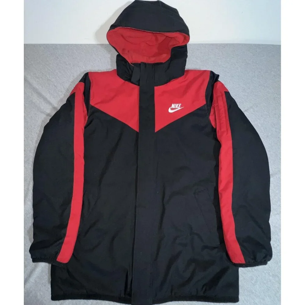 Nike‎ Sportswear Jacket Kids Large Black Red Hooded 3 In 1 Fleece Liner